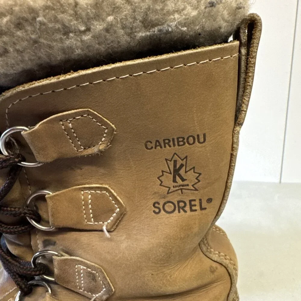 SOREL Caribou Tan Leather Black Rubber Insulated Winter Snow‎ Boots Womens 5